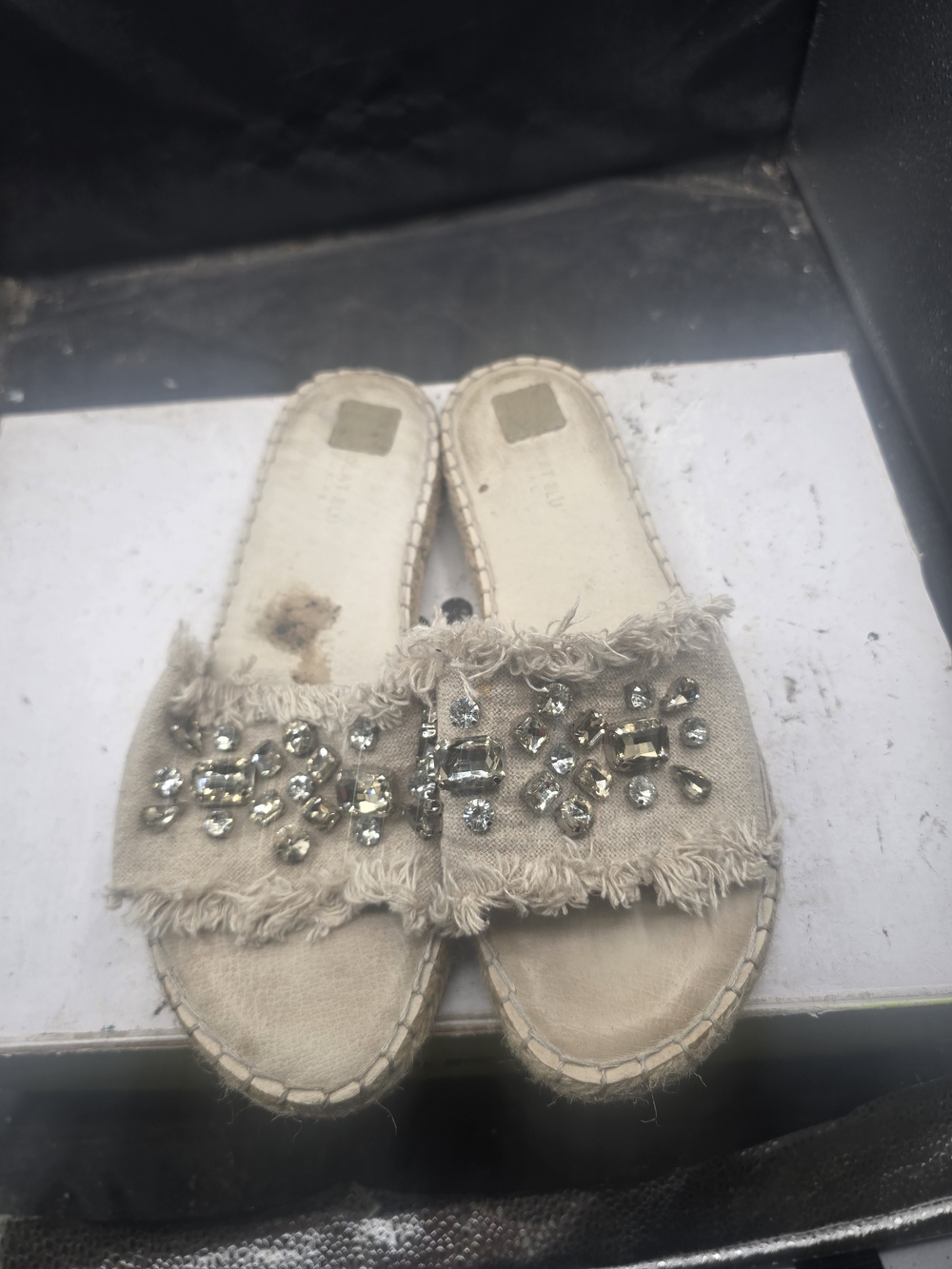 Chocolat Blu Beige Fringed Jewel Slide Mules